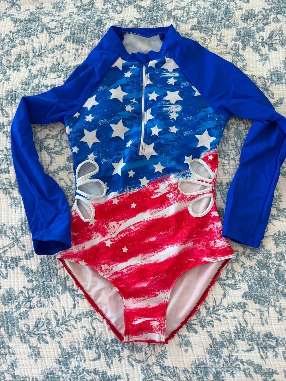 Kids Long Sleeve Star & Stripe Rash Guard Swimsuit - Blue/Red